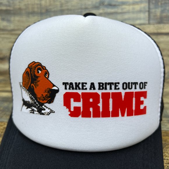 Take A Bite Out Of Crime Mens Trucker Hat Black Snapback Vintage Advertising Cap - Picture 2 of 7